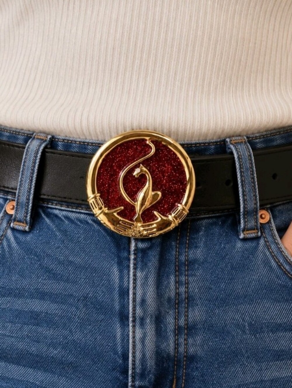 Vintage Style Gold Tone Cat Belt Buckle Red Glitter Round Statement